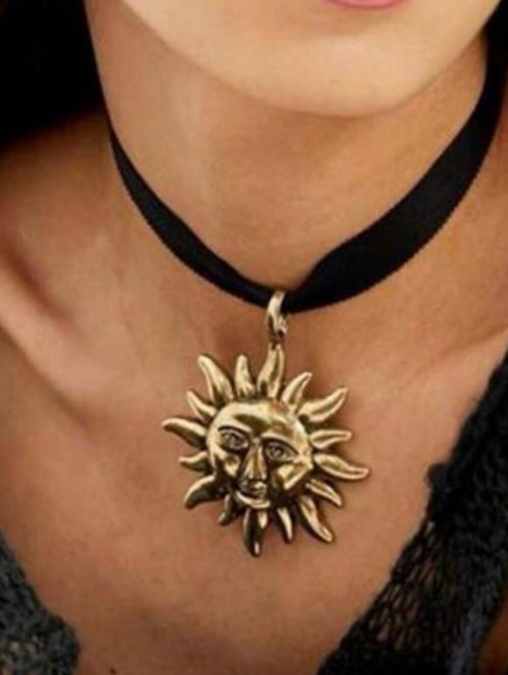Black Ribbon Choker with Gold Sun Medallion - Picture 1 of 3